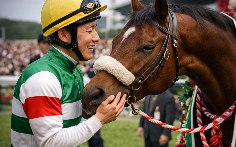 口取り式で嬉しそうにする人馬