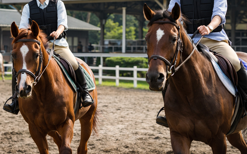 乗馬クラブで会員を乗せるサラブレッドたち
