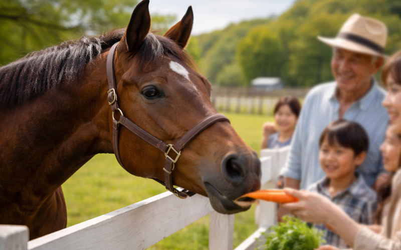 客と嬉しそうに交流するサラブレッド