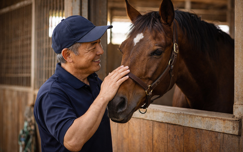 厩務員と触れ合うサラブレッド