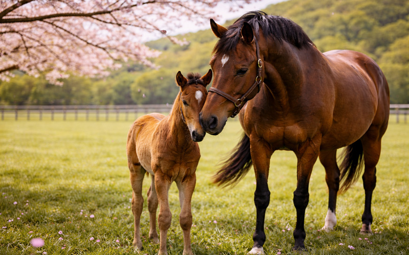 牧場の中で寄り添う親子